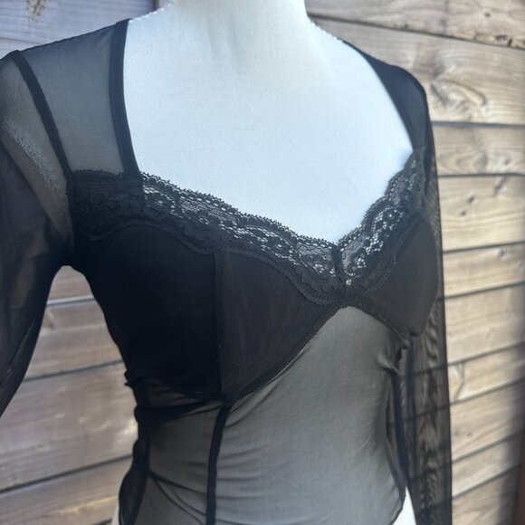 I.AM.GIA Gianna Mesh Long Sleeve Top Black Sheer Lace Trim - S - Picture 3 of 10